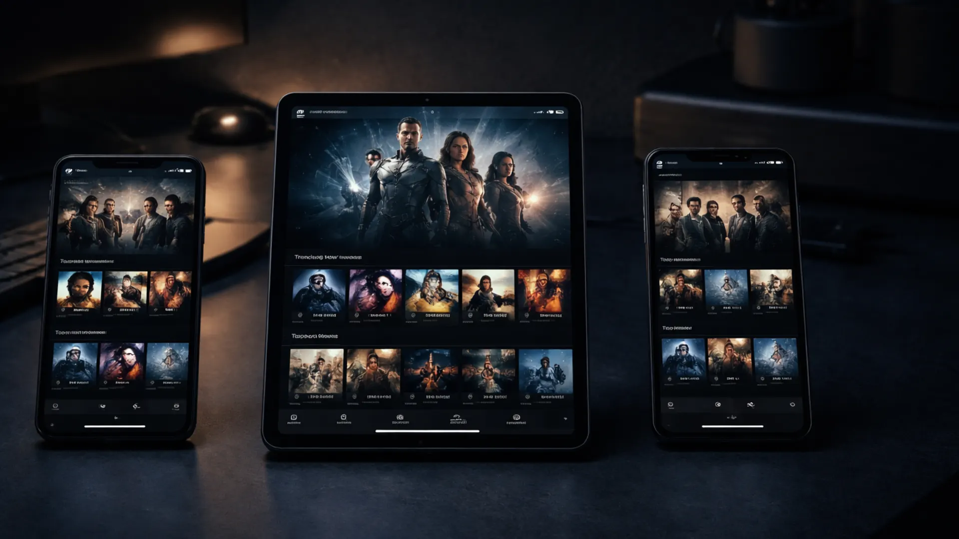 Tre enheder der viser forskellige IPTV-apps på skærmen