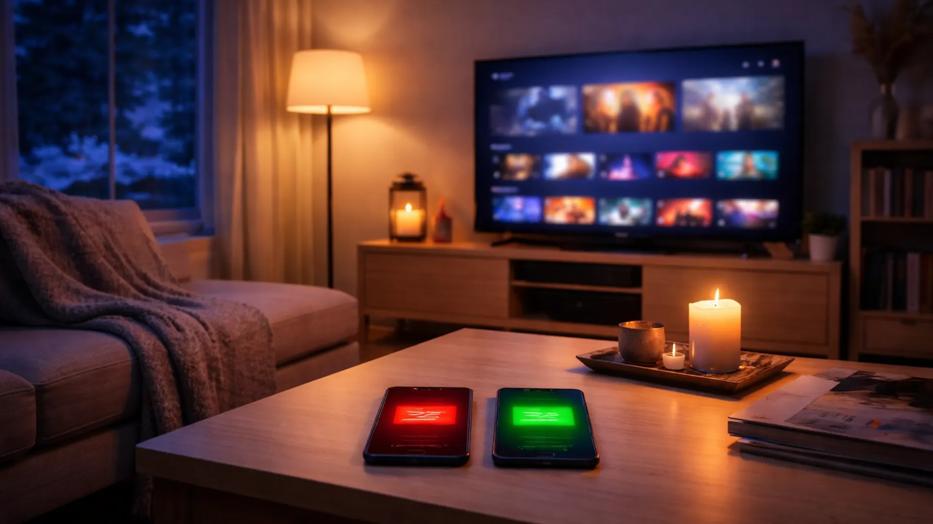 Pohjoismainen olohuone TV-suoratoistopalvelulla joka näyttää hintavertailun kalliiden ja edullisten IPTV-tilausten välillä